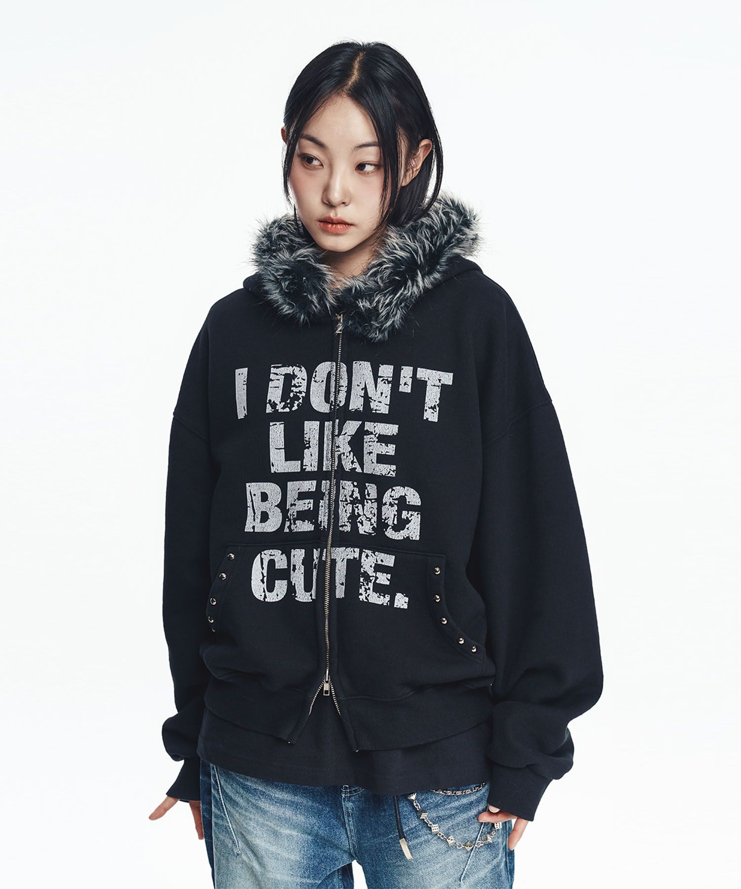 【EASY NO EASY】Crop Fur Hood Zip-Up ★男女兼用★追跡付 MUSINSA | EASY NO EASY Crop Fur Hooded Zip-Up - Black