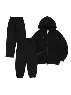 [SET UP] OVERFIT 2WAY ZIP-UP & STRAIGHT or JOGGER SEWATPANTS - BLACK