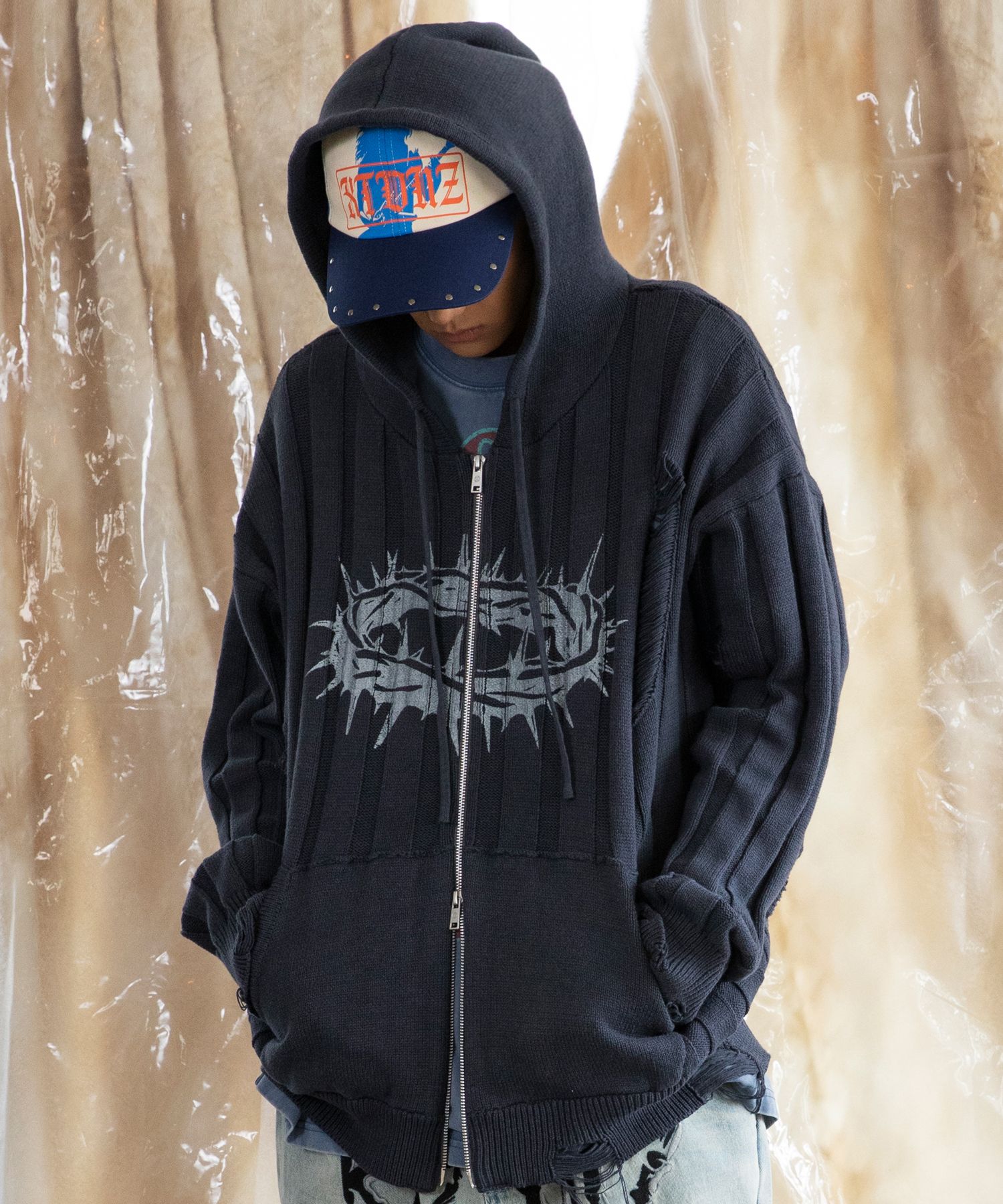 MUSINSA公式 | XTONZ XTK126 STEV DAMAGE KNIT HOODED ZIP-UP