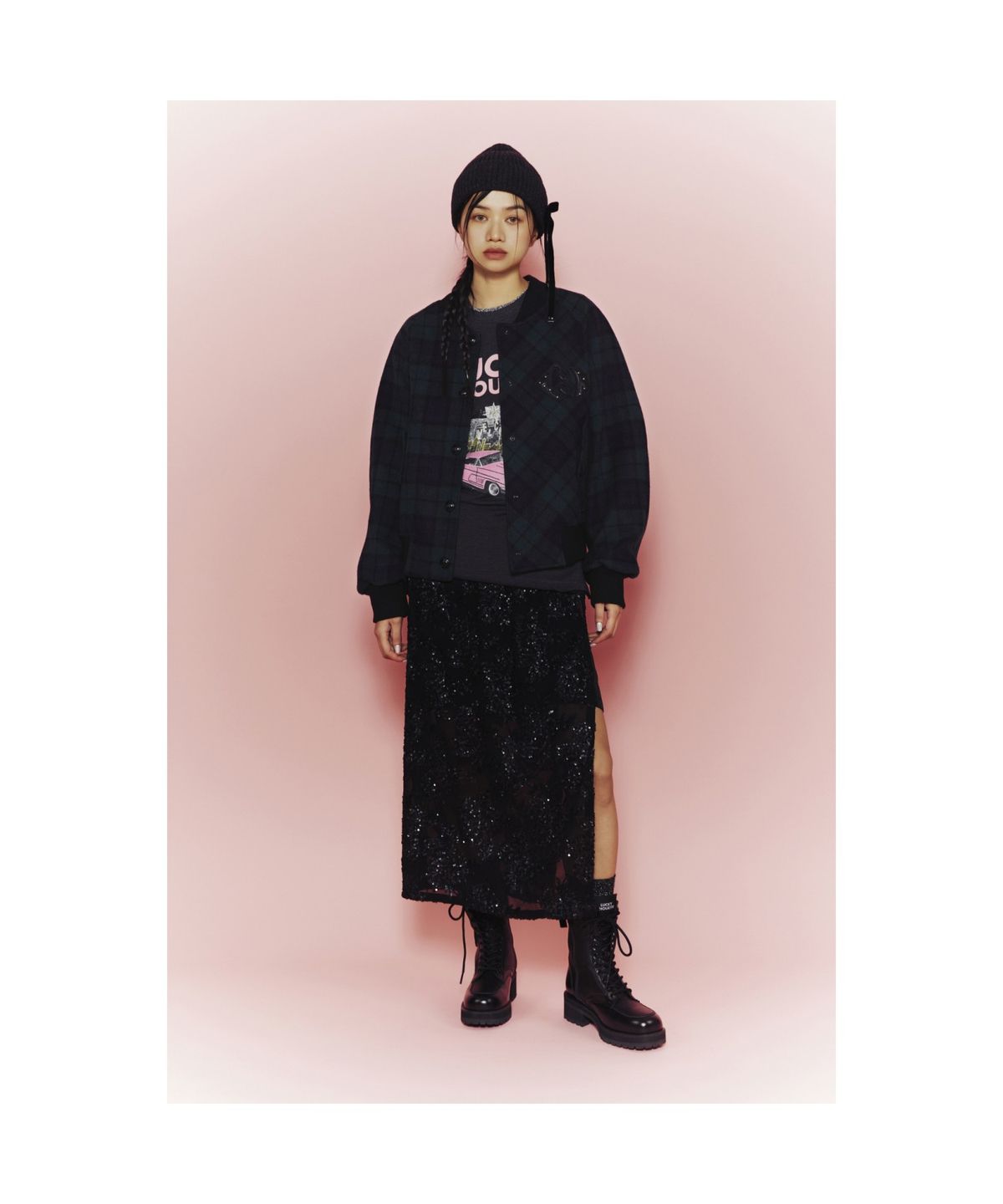 럭키슈에뜨(LUCKY CHOUETTE) [Holiday Edition] Spangle Long Banded Waist Skirt (Under Skirt Set) (black) LFKAS25040BKX
