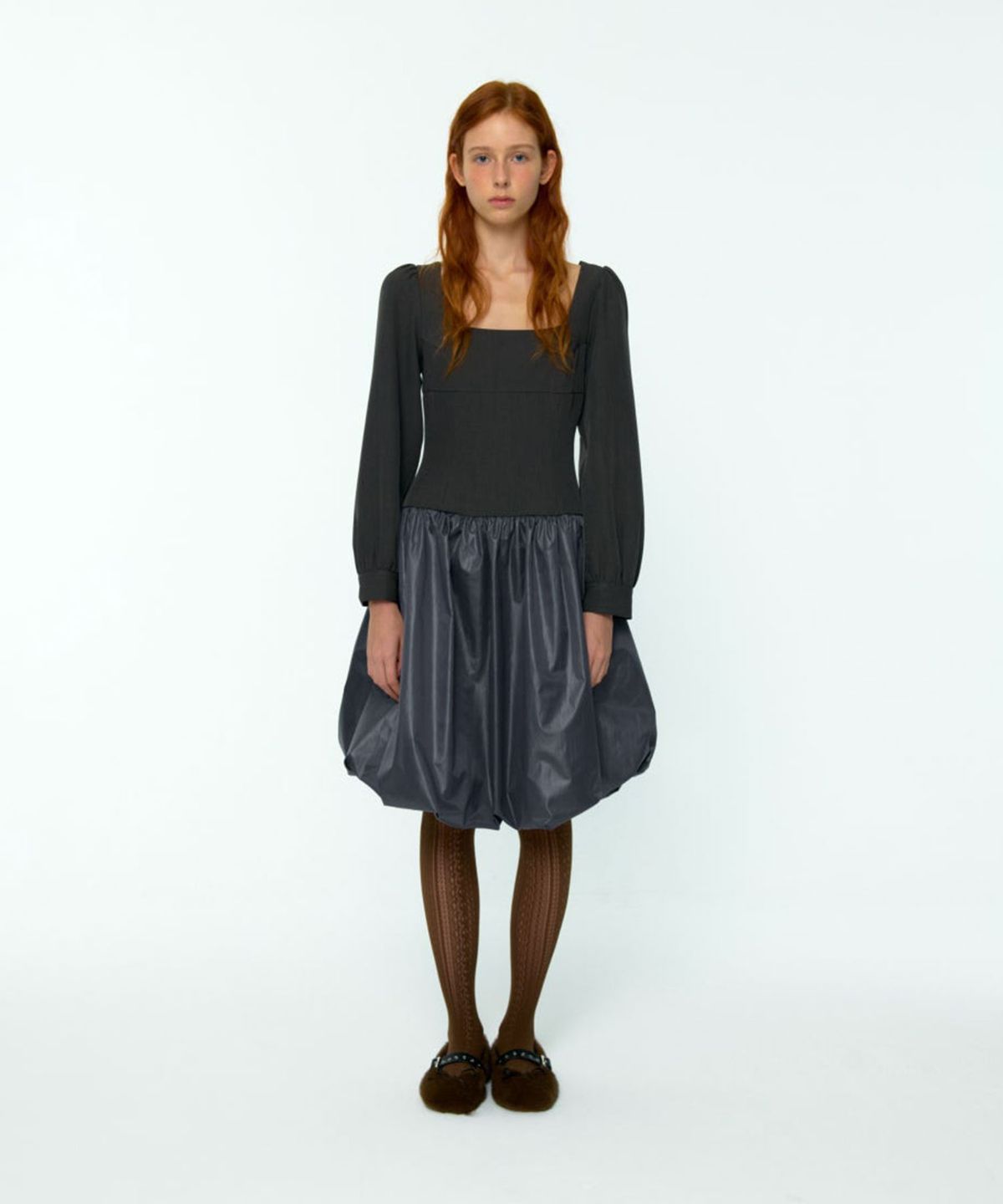 루루서울(LOULOUSEOUL) Rosy Balloon Shirring Midi Dress (Gray)