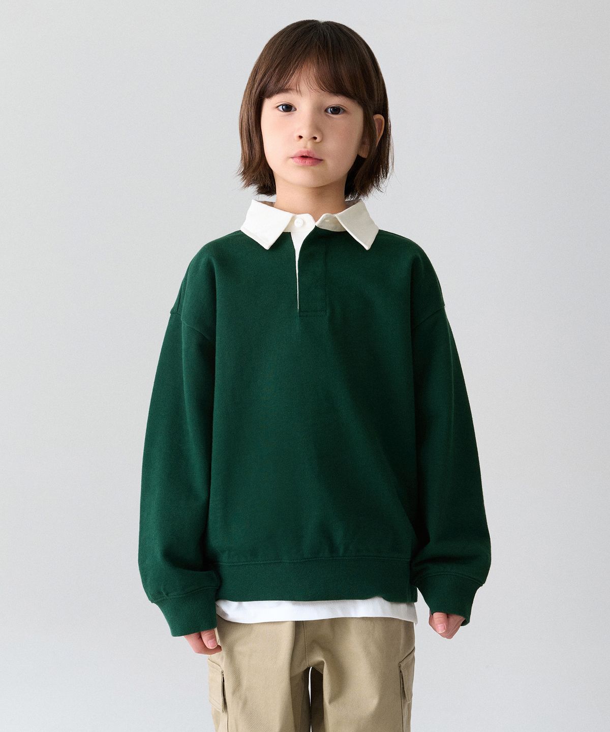 무신사 스탠다드 키즈(MUSINSA STANDARD KIDS) 오버사이즈 럭비 스웨트셔츠 [딥 그린]