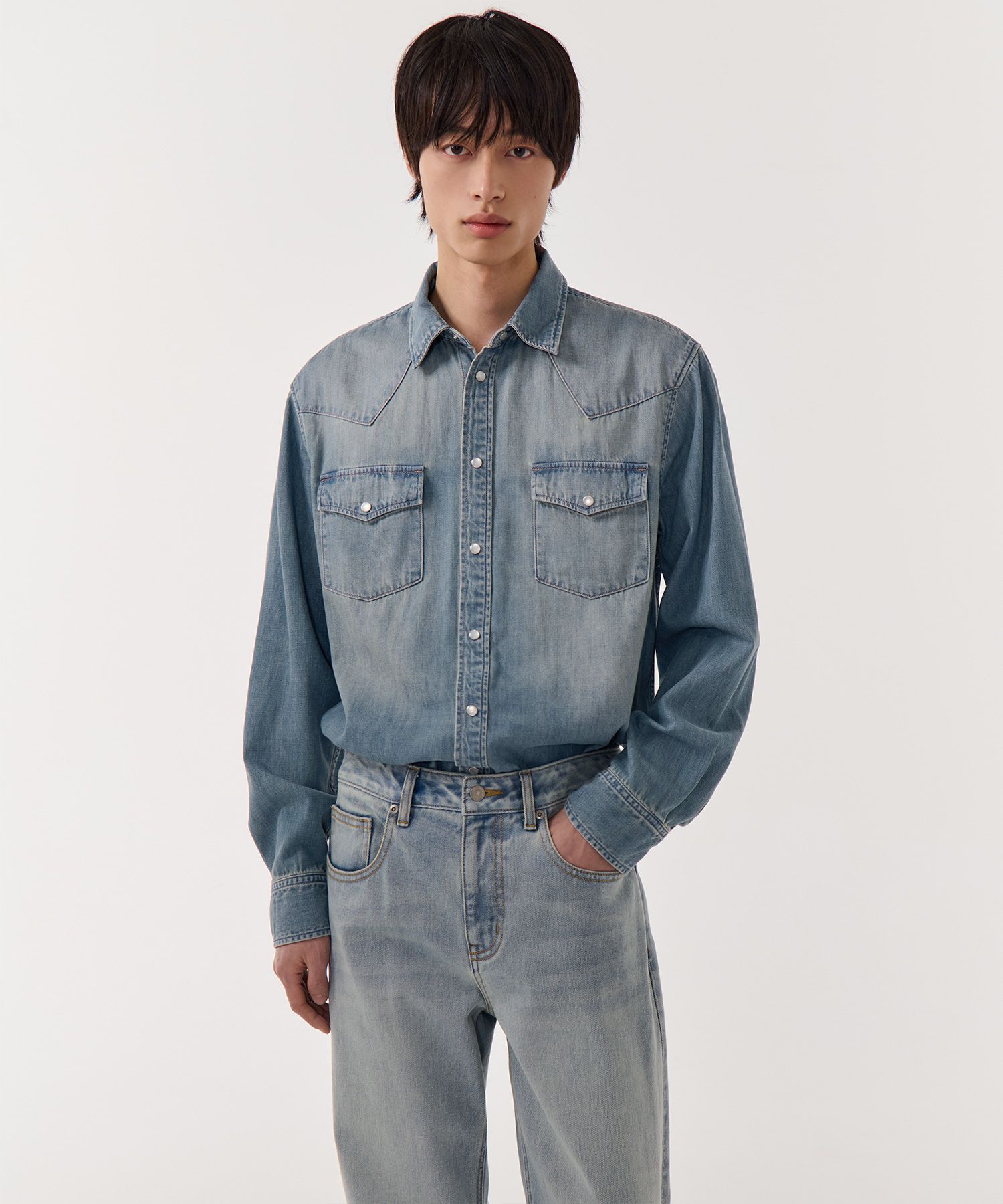 ★MUSINSA STANDARD★ Denim Western Shirt Light Indigo MMDNH5 MUSINSA | MUSINSA STANDARD Denim Western Shirt [Light Indigo]
