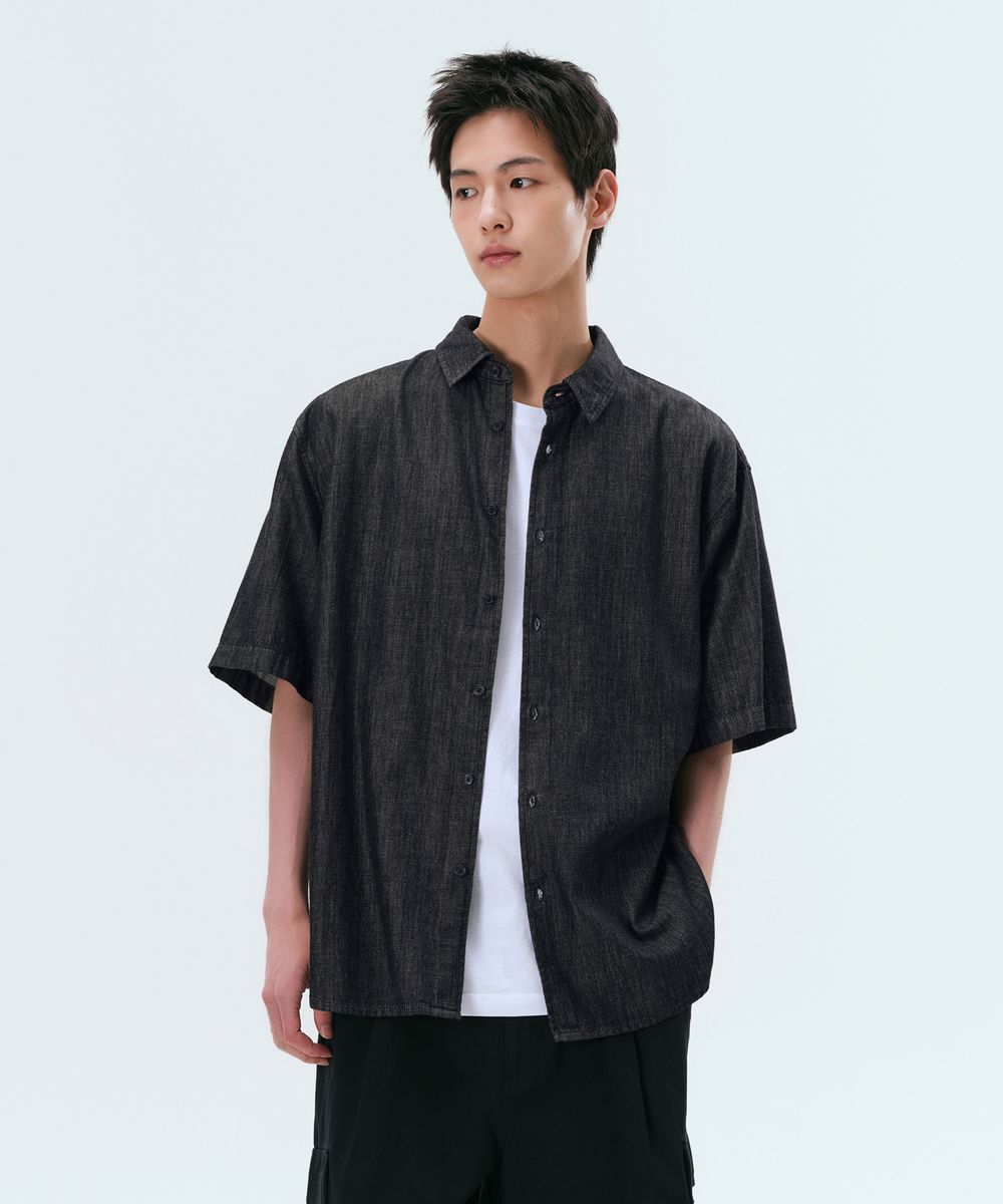 릴렉스드 반소매 데님 셔츠 [로우 블랙]