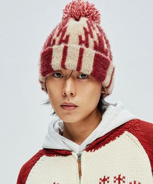 나바호 패턴 헤어리 비니 레드