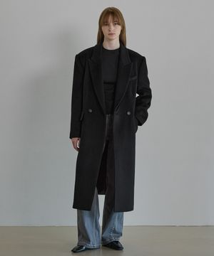 실크 블렌디드 헤링본 오버핏 코트 블랙