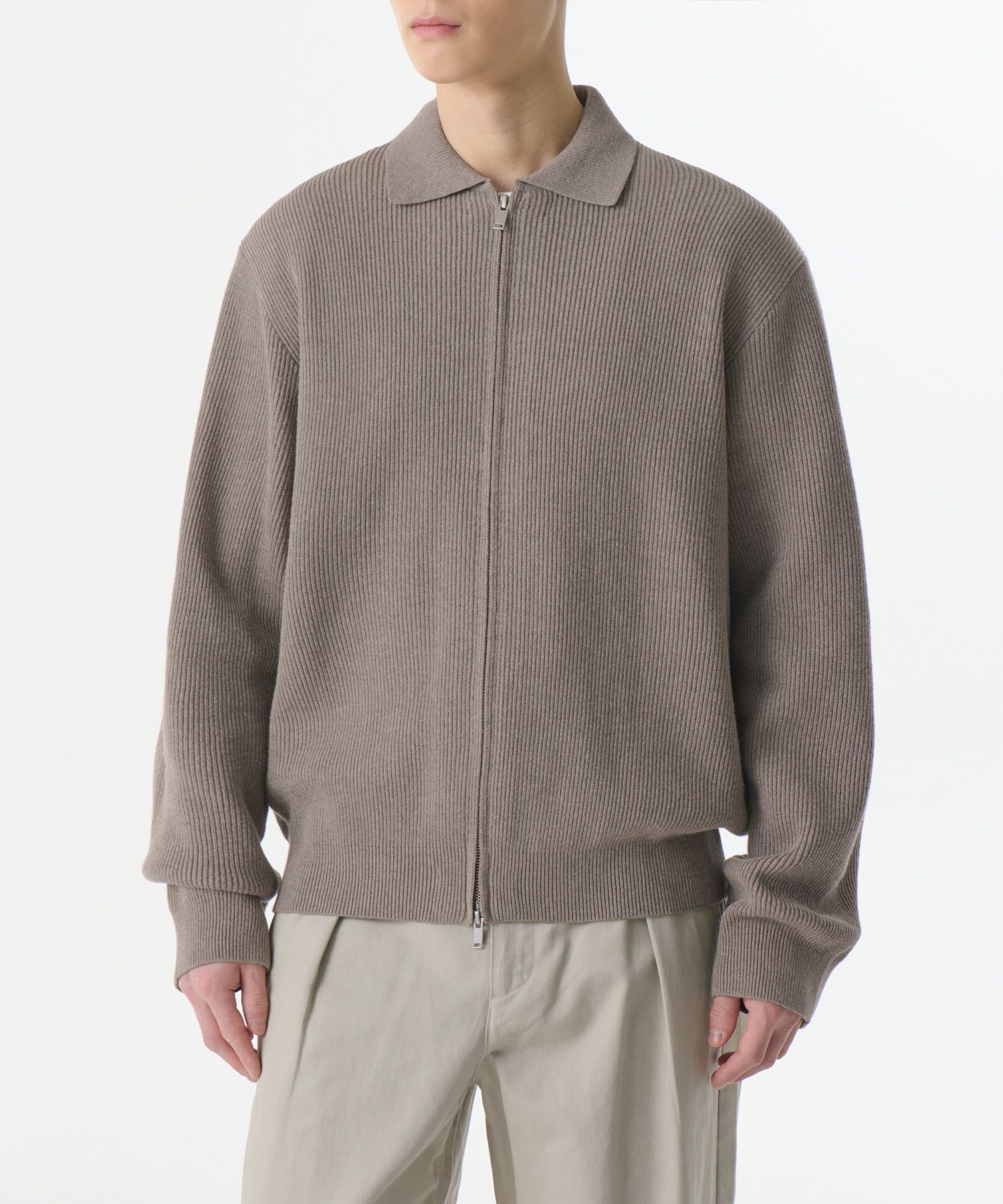 MUSINSA公式 | MUSINSA STANDARD Cotton collared knit zip-up [Top]