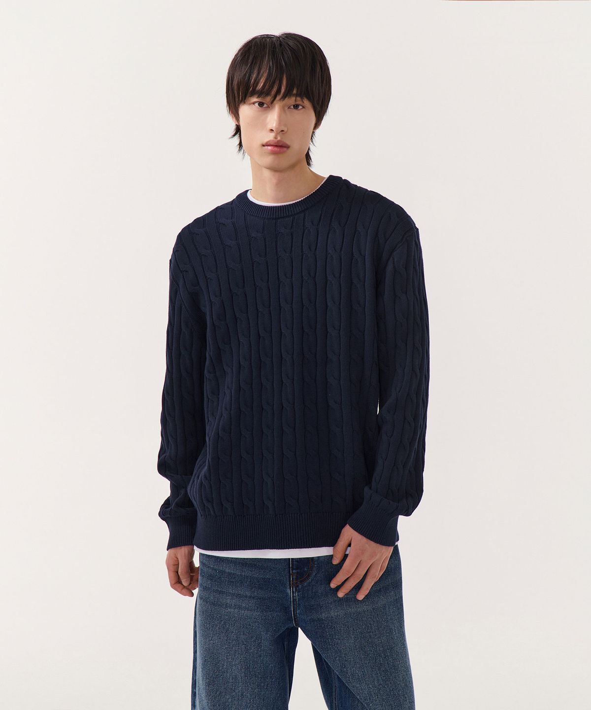 무신사 스탠다드(MUSINSA STANDARD) 코튼 케이블 크루 넥 니트 [네이비]