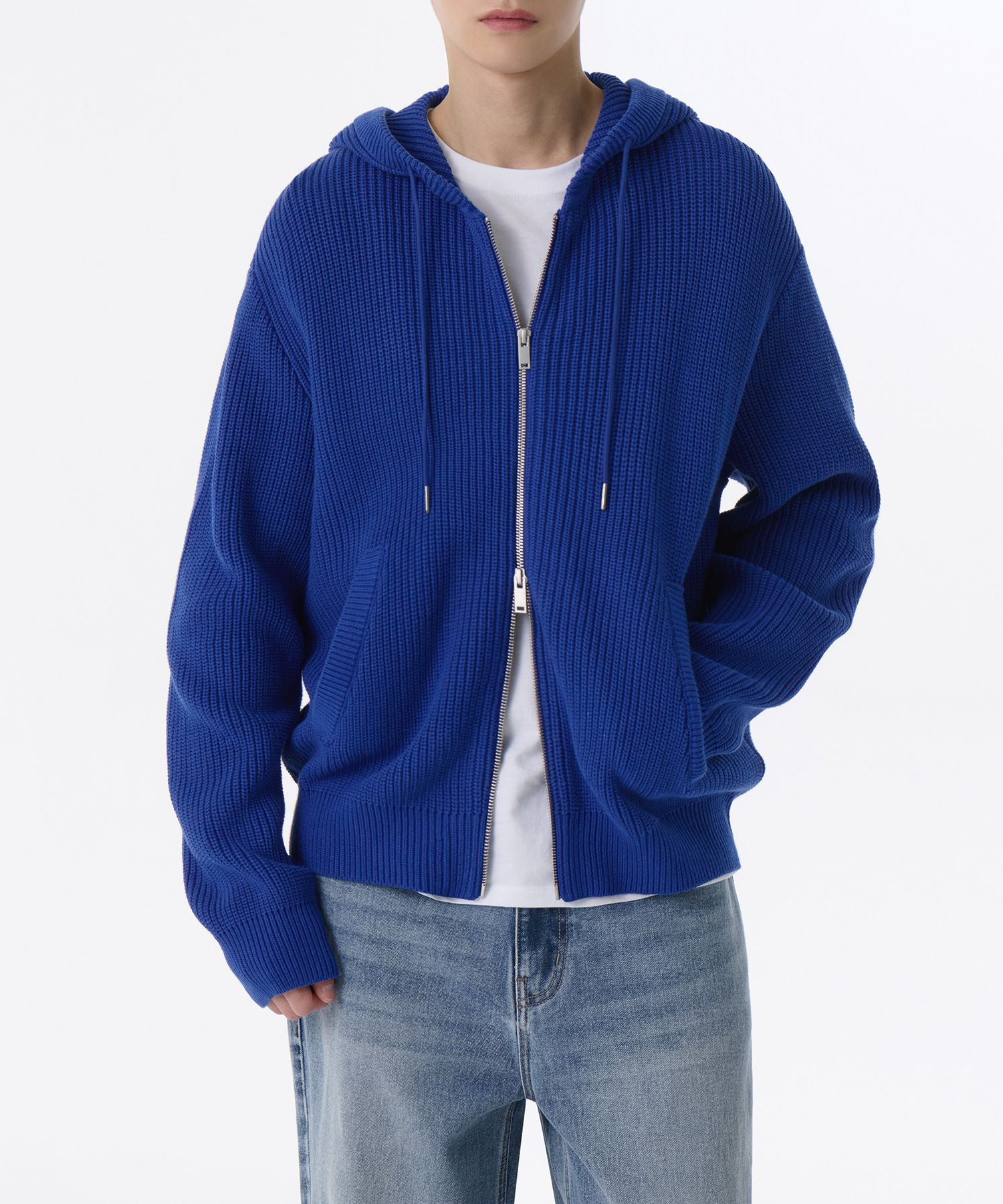 MUSINSA | MUSINSA STANDARD Ribbed Knit Hooded Zip-Up [Blue]