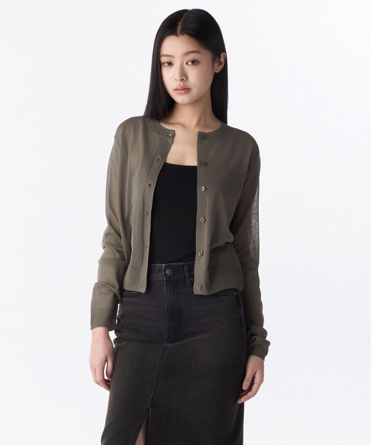 무신사 스탠다드 우먼(MUSINSA STANDARD WOMAN) 우먼즈 시어 라운드 넥 가디건 [웜 그레이]