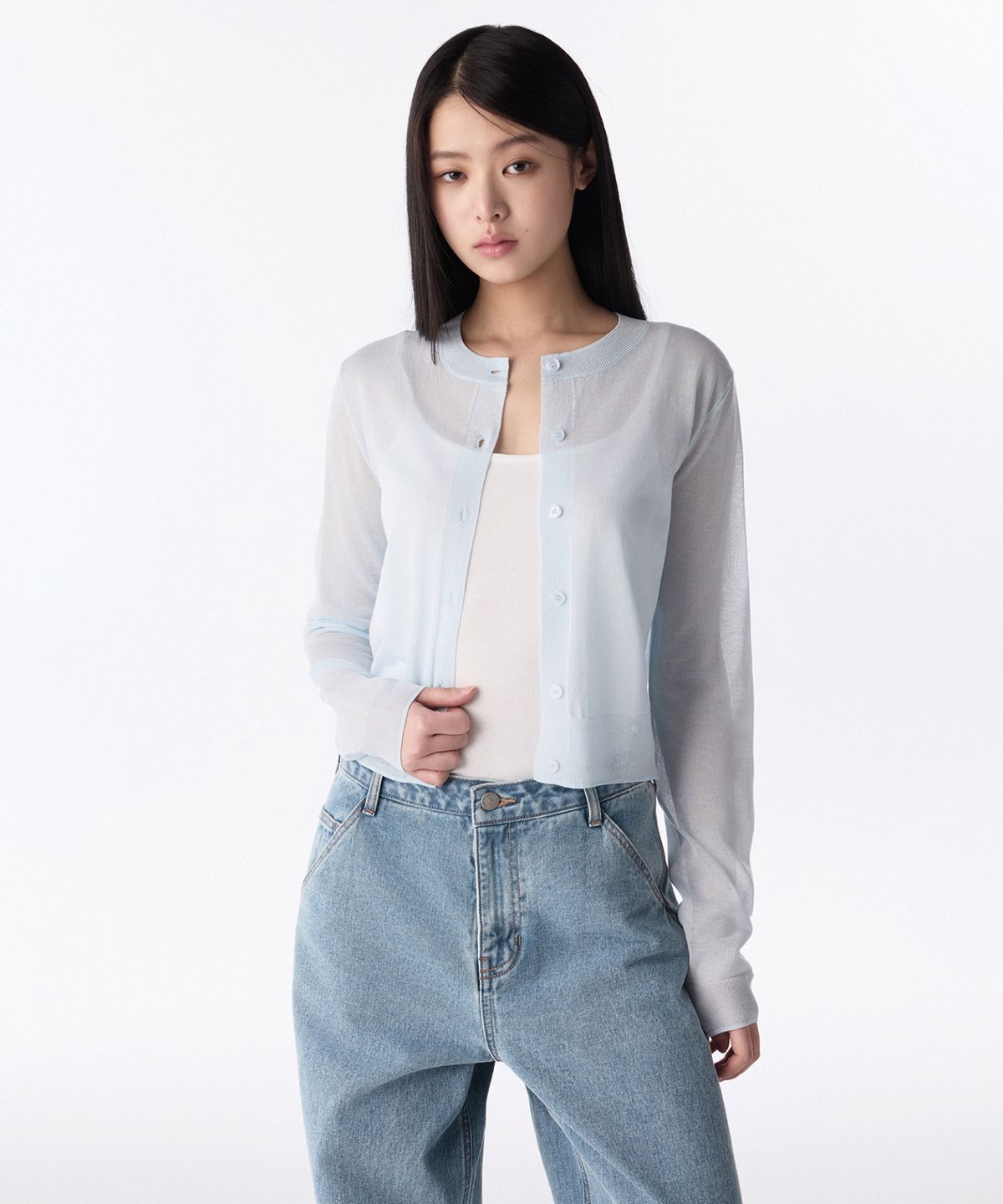 무신사 스탠다드 우먼(MUSINSA STANDARD WOMAN) 우먼즈 시어 라운드 넥 가디건 [파스텔 블루]