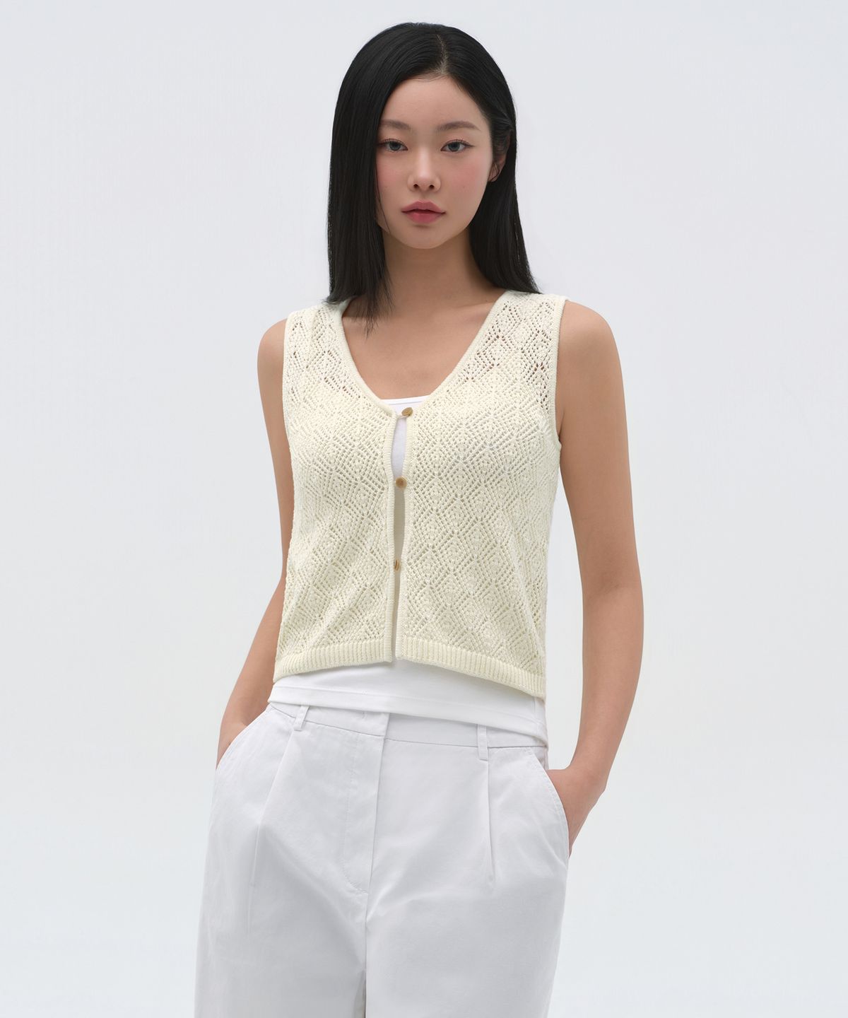 무신사 스탠다드 우먼(MUSINSA STANDARD WOMAN) 우먼즈 롬버스 크로셰 니트 베스트 [크림]