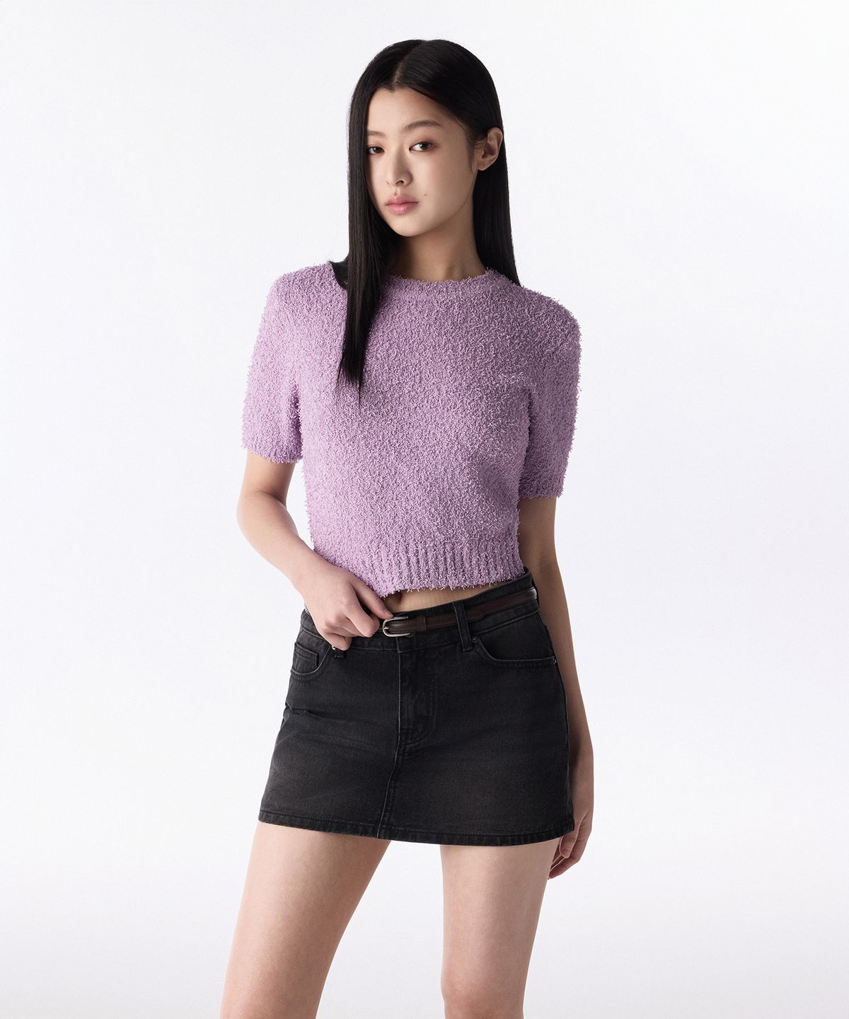 무신사 스탠다드 우먼(MUSINSA STANDARD WOMAN) 우먼즈 팬시 얀 크루 넥 반팔 니트 [라벤더]