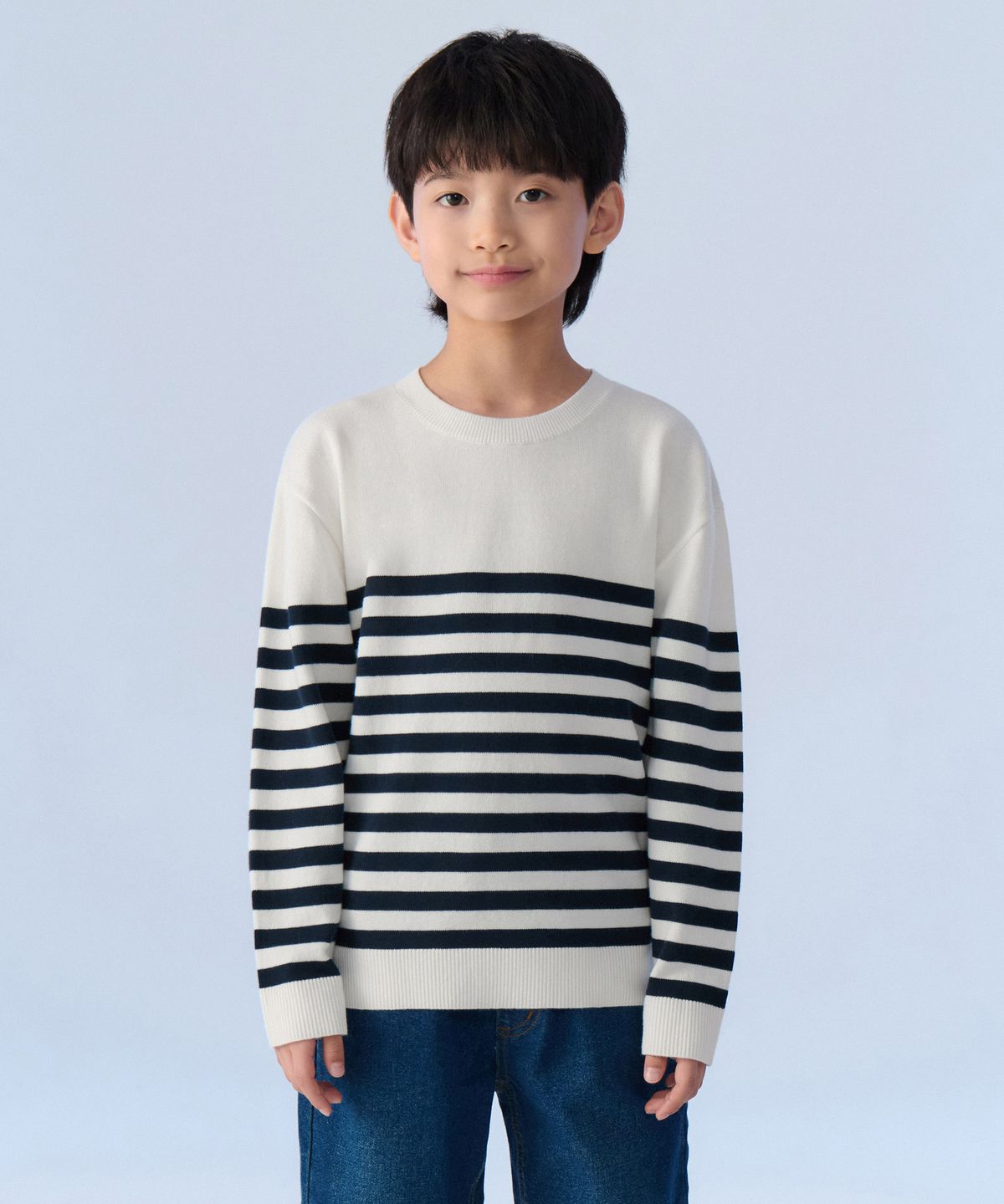 무신사 스탠다드 키즈(MUSINSA STANDARD KIDS) 마린 스트라이프 크루 넥 니트 [아이보리/네이비]