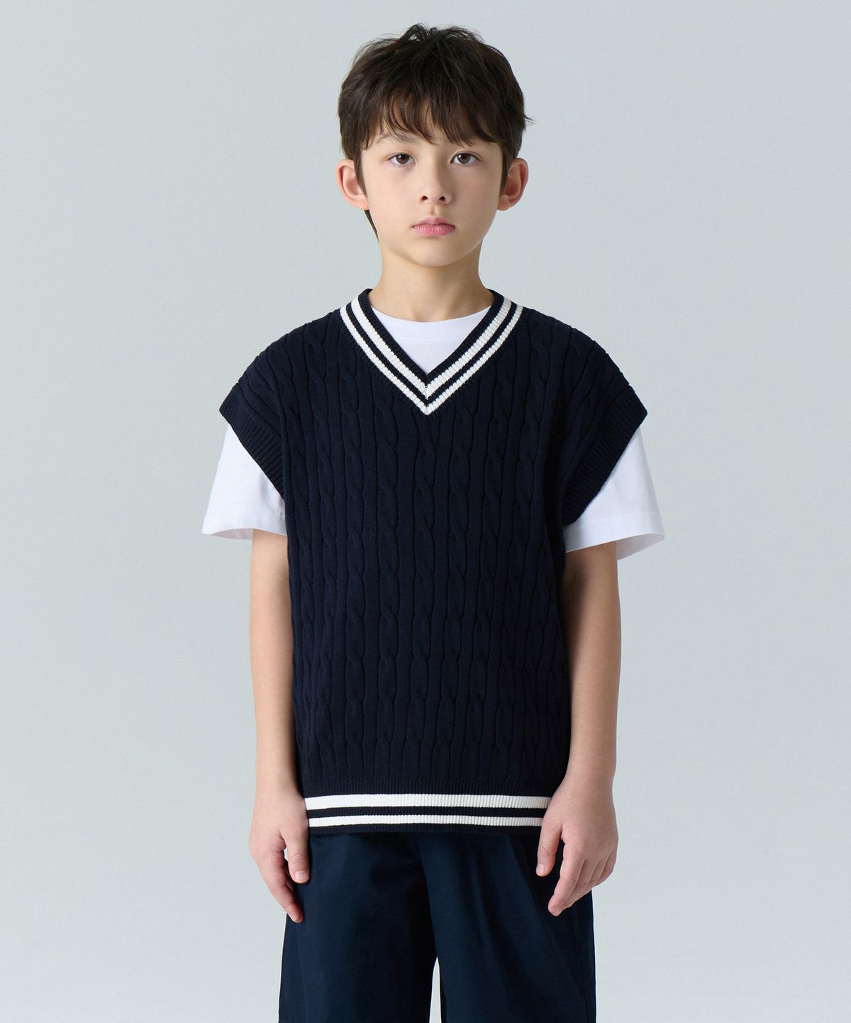 무신사 스탠다드 키즈(MUSINSA STANDARD KIDS) 프레피 케이블 니트 베스트 [네이비]