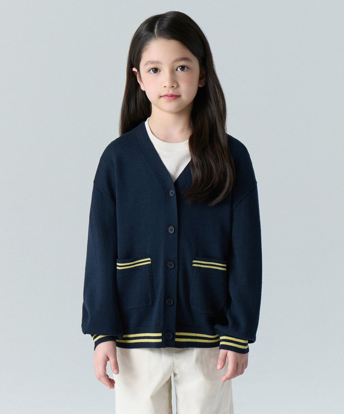 무신사 스탠다드 키즈(MUSINSA STANDARD KIDS) 릴렉스드 프레피 가디건 [네이비/옐로우]