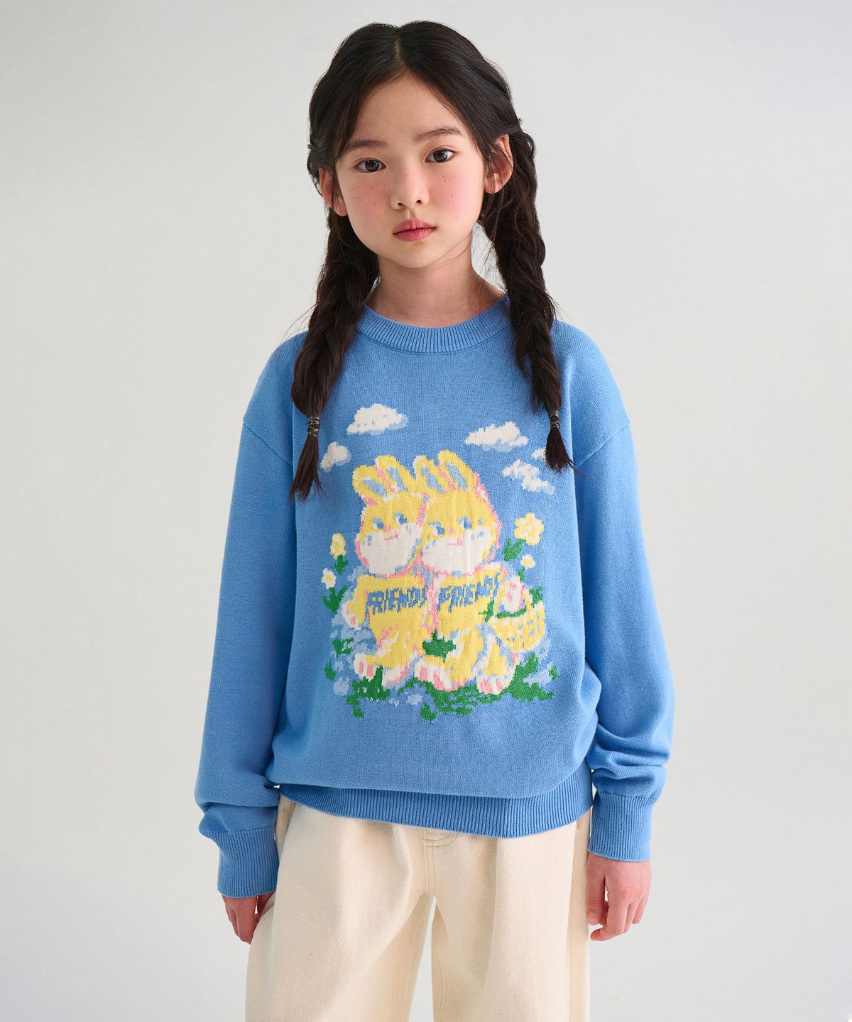 무신사 스탠다드 키즈(MUSINSA STANDARD KIDS) 프렌즈 크루 넥 니트 [삭스 블루]