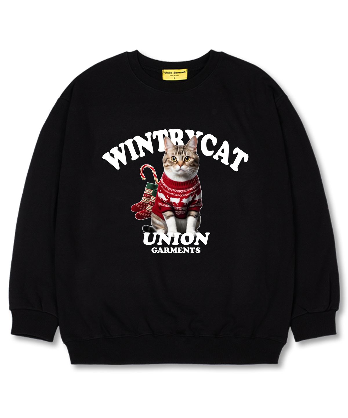 유니온가먼츠(UNION GARMENTS) 윈트리캣 오버핏 맨투맨 크리스마스 티셔츠 [기모]블랙