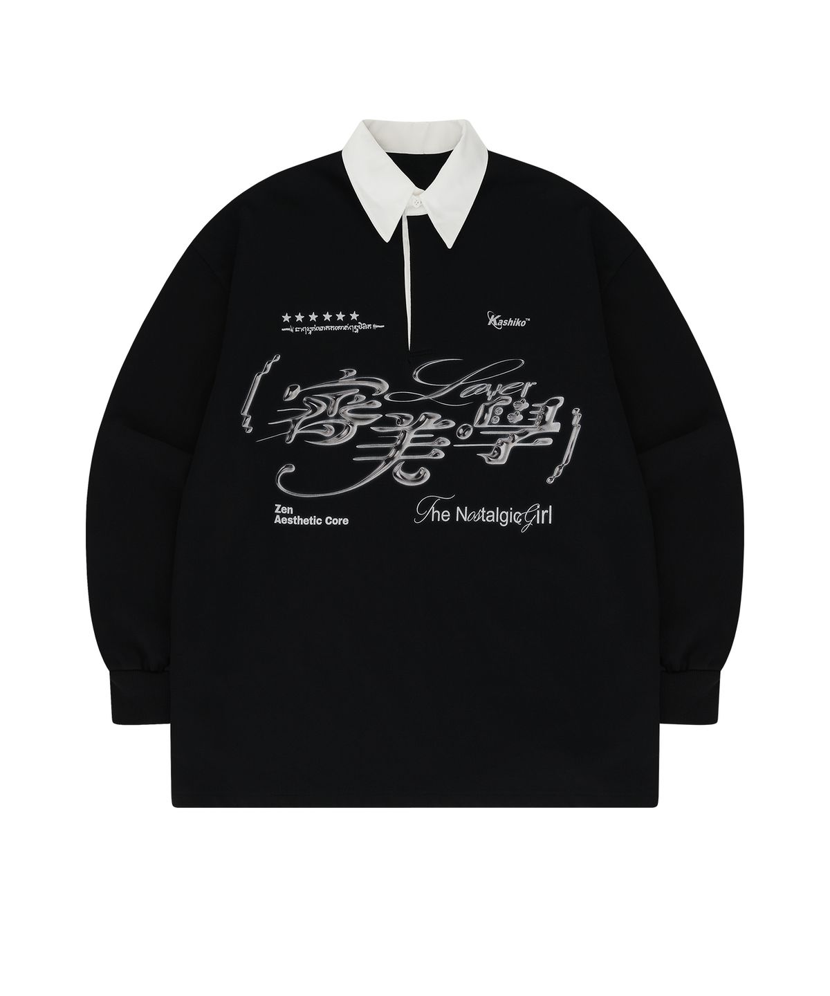 카시코(KASHIKO) Aesthetic Collar Rugby Shirts Black