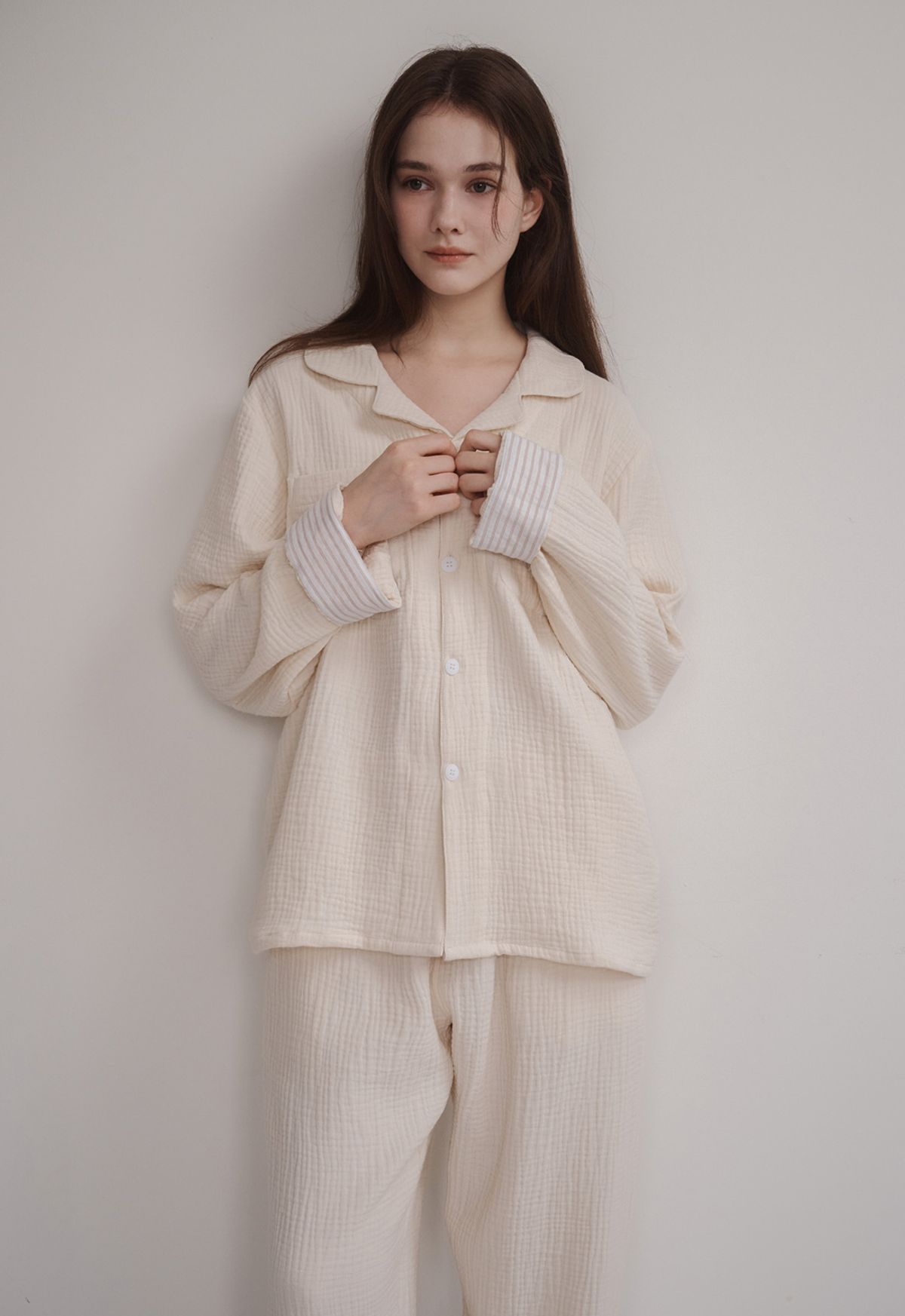 보일하우스(BOIL HOUSE) Sunset Stripe Hem Pajama Set (ivory)