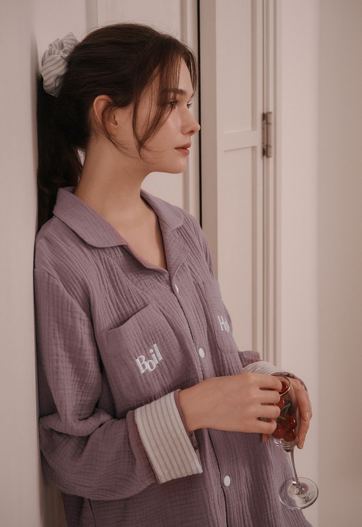 보일하우스(BOIL HOUSE) Sunset Stripe Hem Pajama Set (purple gray)