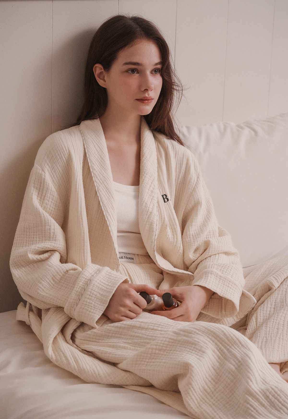 보일하우스(BOIL HOUSE) Cotton Stripe Piping Robe Pajama Set (ivory)