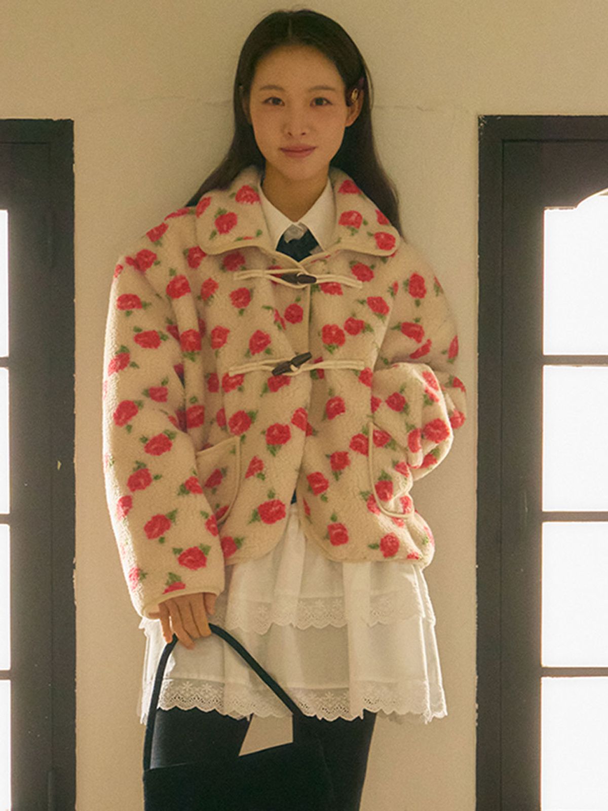 아노에틱(ANOETIC) FLORAL FLEECE DUFFLE JACKET_IVORY