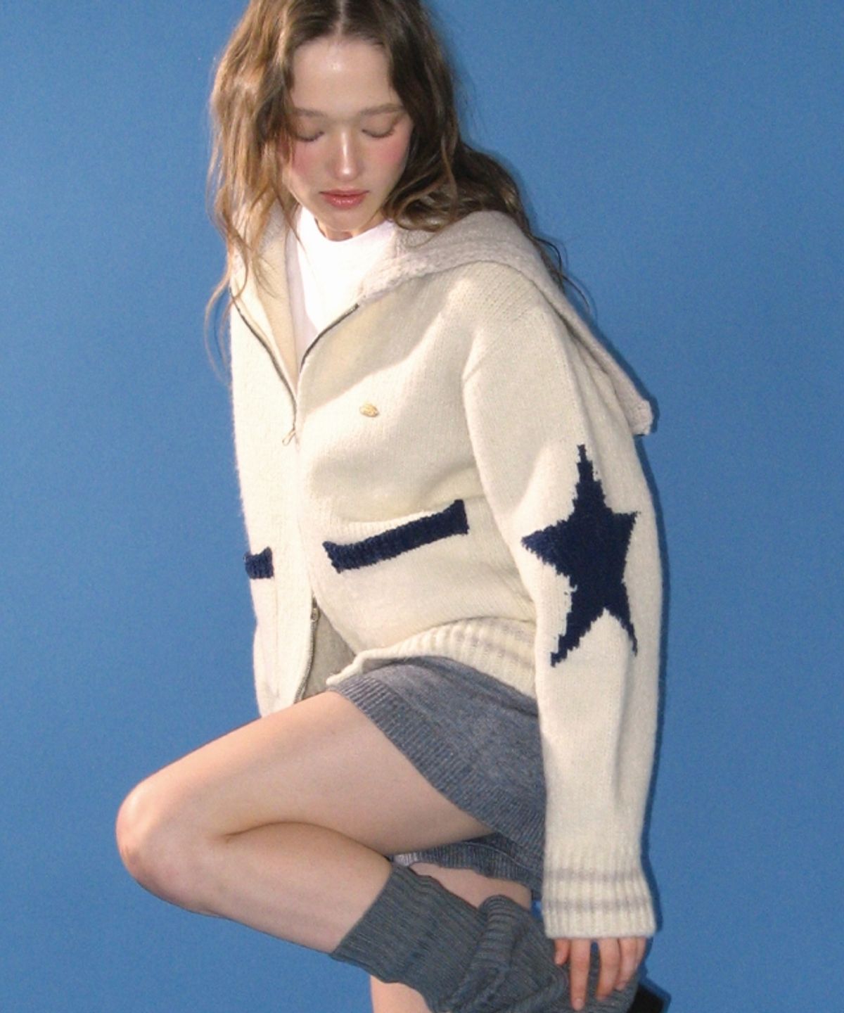 론론(RONRON) STAR HEAVY KNIT SAILOR ZIP UP CARDIGAN IVORY