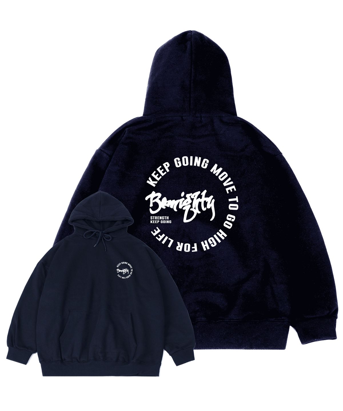 비마이티(BEMIGHTY) 원형 레터링 기모 오버핏 후드티 [네이비]