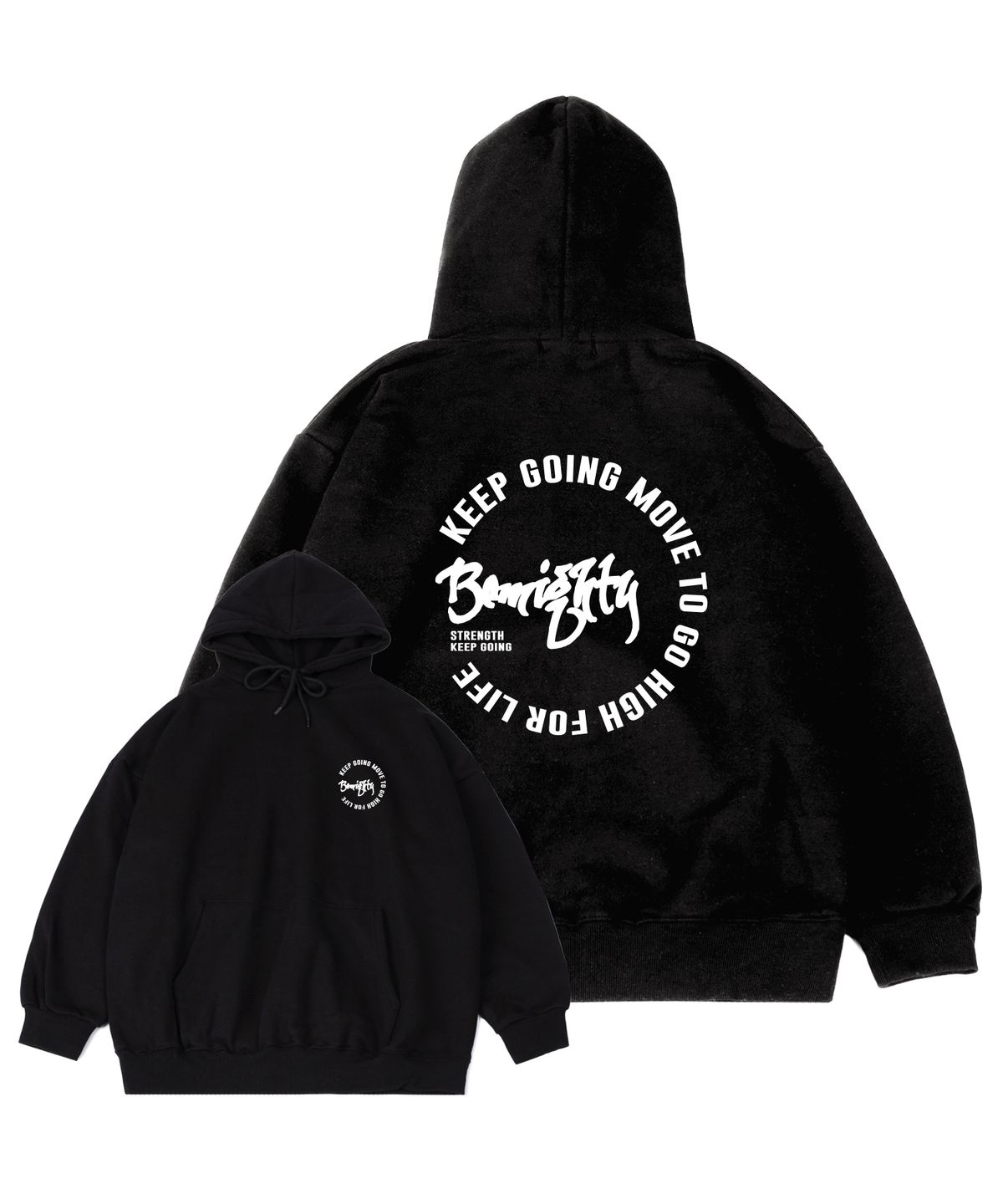 비마이티(BEMIGHTY) 원형 레터링 기모 오버핏 후드티 [블랙]