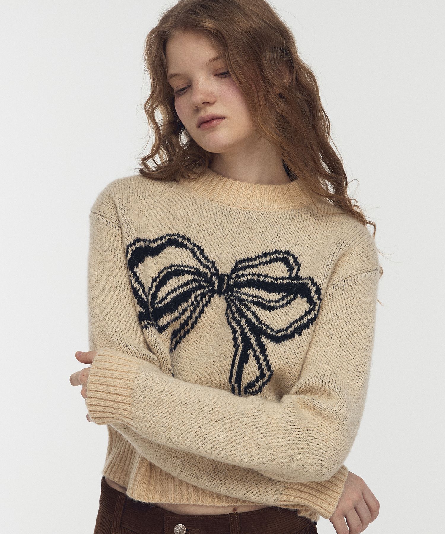 ★CPGN STUDIO_COMPAGNO★ Ribbon Brush CROP Knit Cream MUSINSA | CPGN STUDIO Ribbon Brush CROP Knit Cream