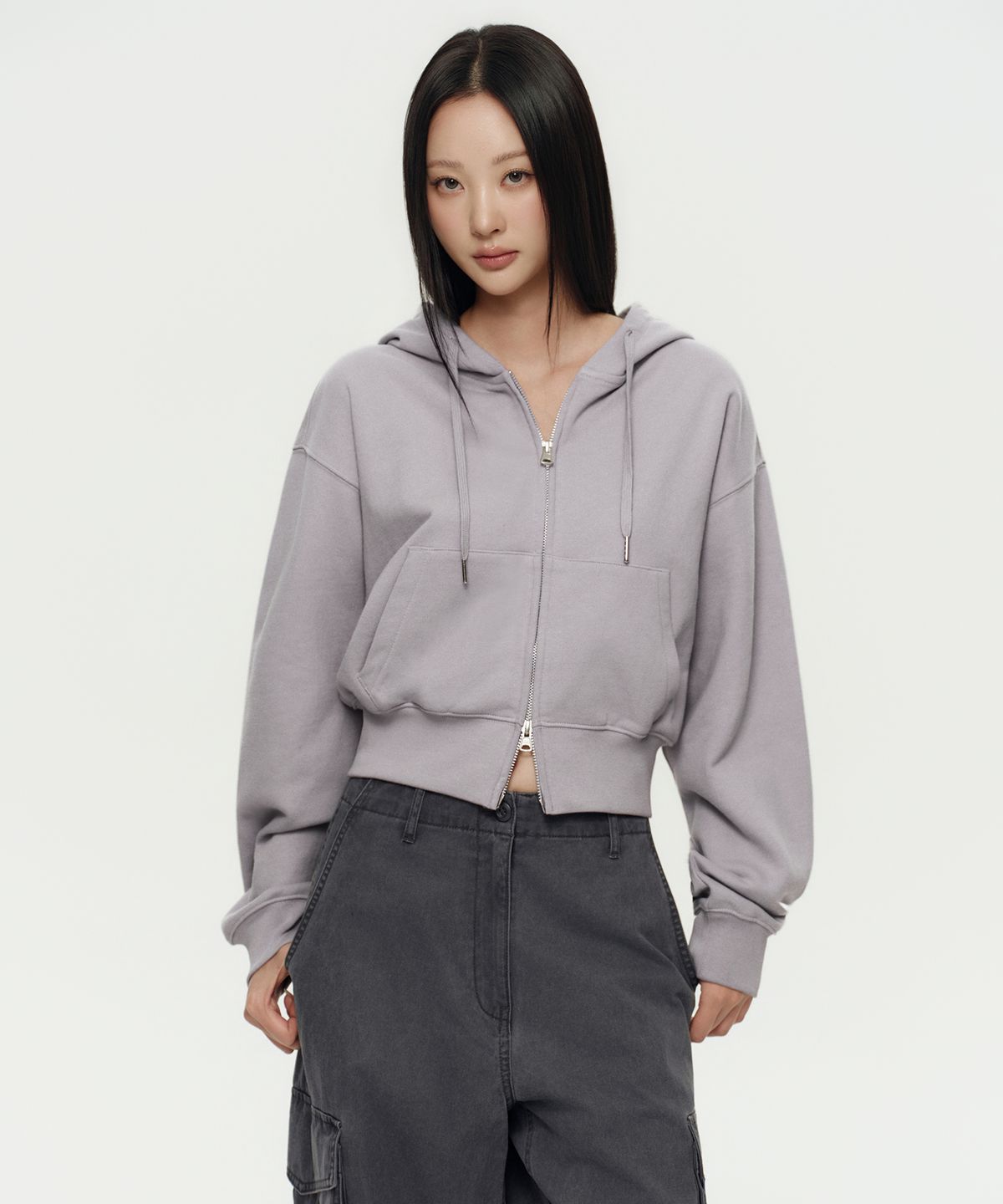 무신사 스탠다드 우먼(MUSINSA STANDARD WOMAN) 우먼즈 볼륨 크롭 후디드 스웨트 집업 [퍼플 그레이]