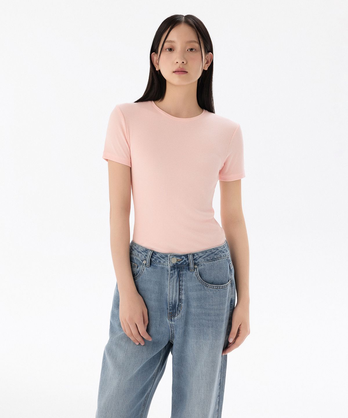 무신사 스탠다드 우먼(MUSINSA STANDARD WOMAN) 우먼즈 리브드 슬림 핏 티셔츠 [로즈 워터]
