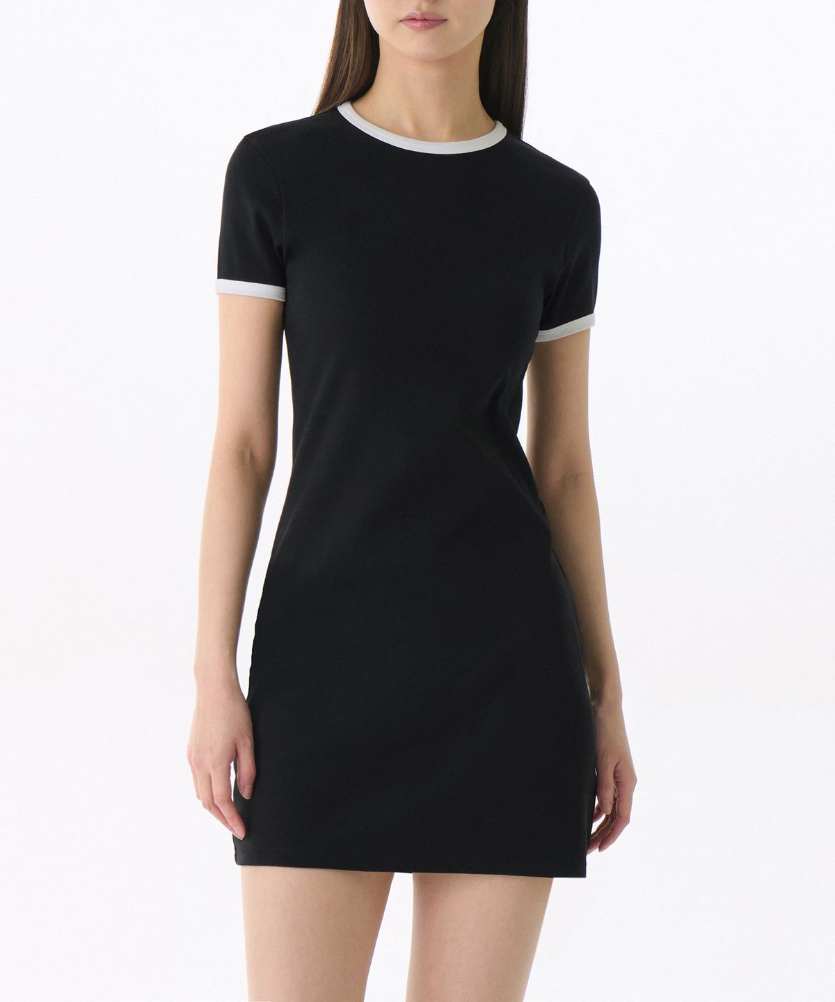 무신사 스탠다드 우먼(MUSINSA STANDARD WOMAN) 우먼즈 슬림 링거 저지 미니 드레스 [블랙/화이트]