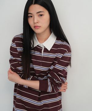 우먼즈 릴렉스드 멀티 스트라이프 럭비 셔츠 [버건디]