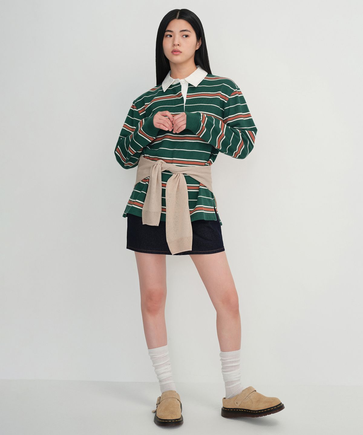 무신사 스탠다드 우먼(MUSINSA STANDARD WOMAN) 우먼즈 릴렉스드 멀티 스트라이프 럭비 셔츠 [그린]
