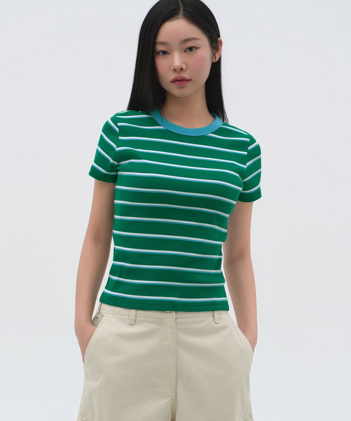 무신사 스탠다드 우먼(MUSINSA STANDARD WOMAN) 우먼즈 리브드 멀티 스트라이프 슬림 티셔츠 [그린]