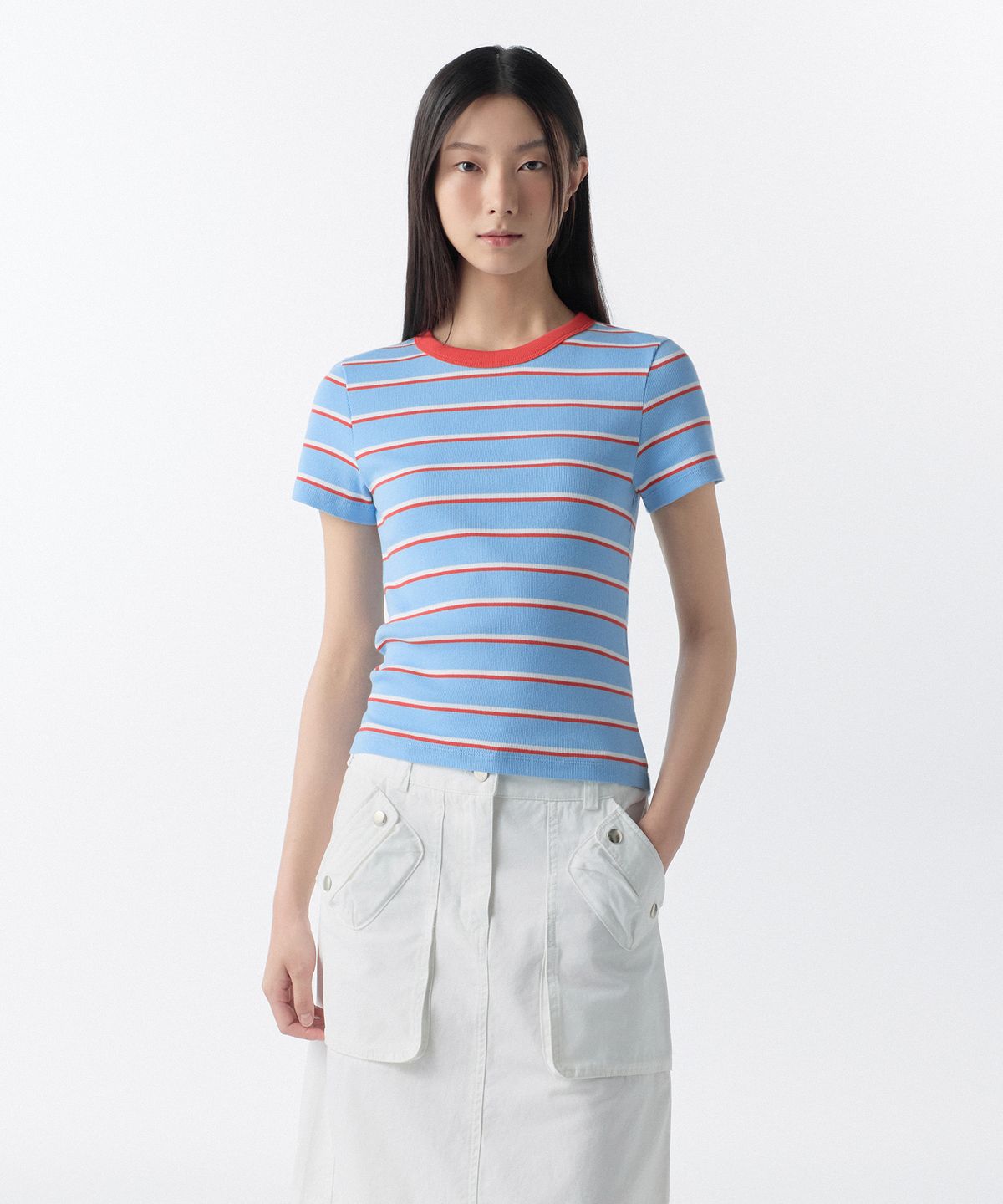 무신사 스탠다드 우먼(MUSINSA STANDARD WOMAN) 우먼즈 리브드 멀티 스트라이프 슬림 티셔츠 [스카이 블루]