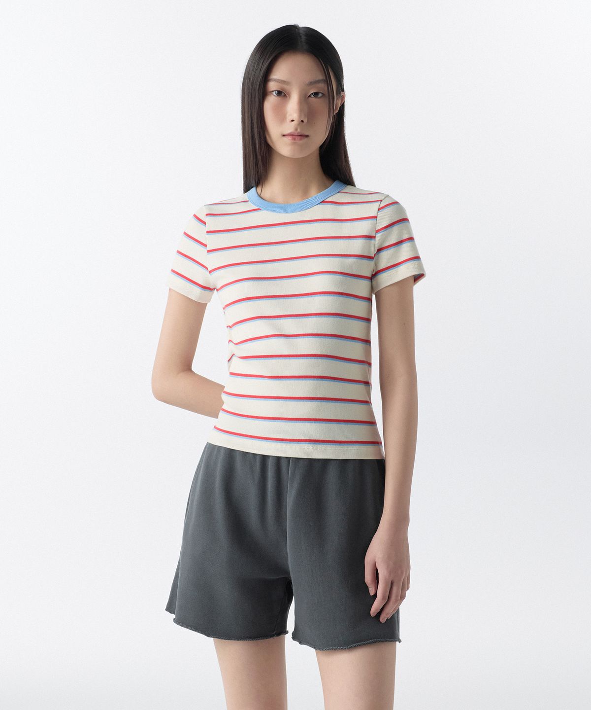 무신사 스탠다드 우먼(MUSINSA STANDARD WOMAN) 우먼즈 리브드 멀티 스트라이프 슬림 티셔츠 [크림]