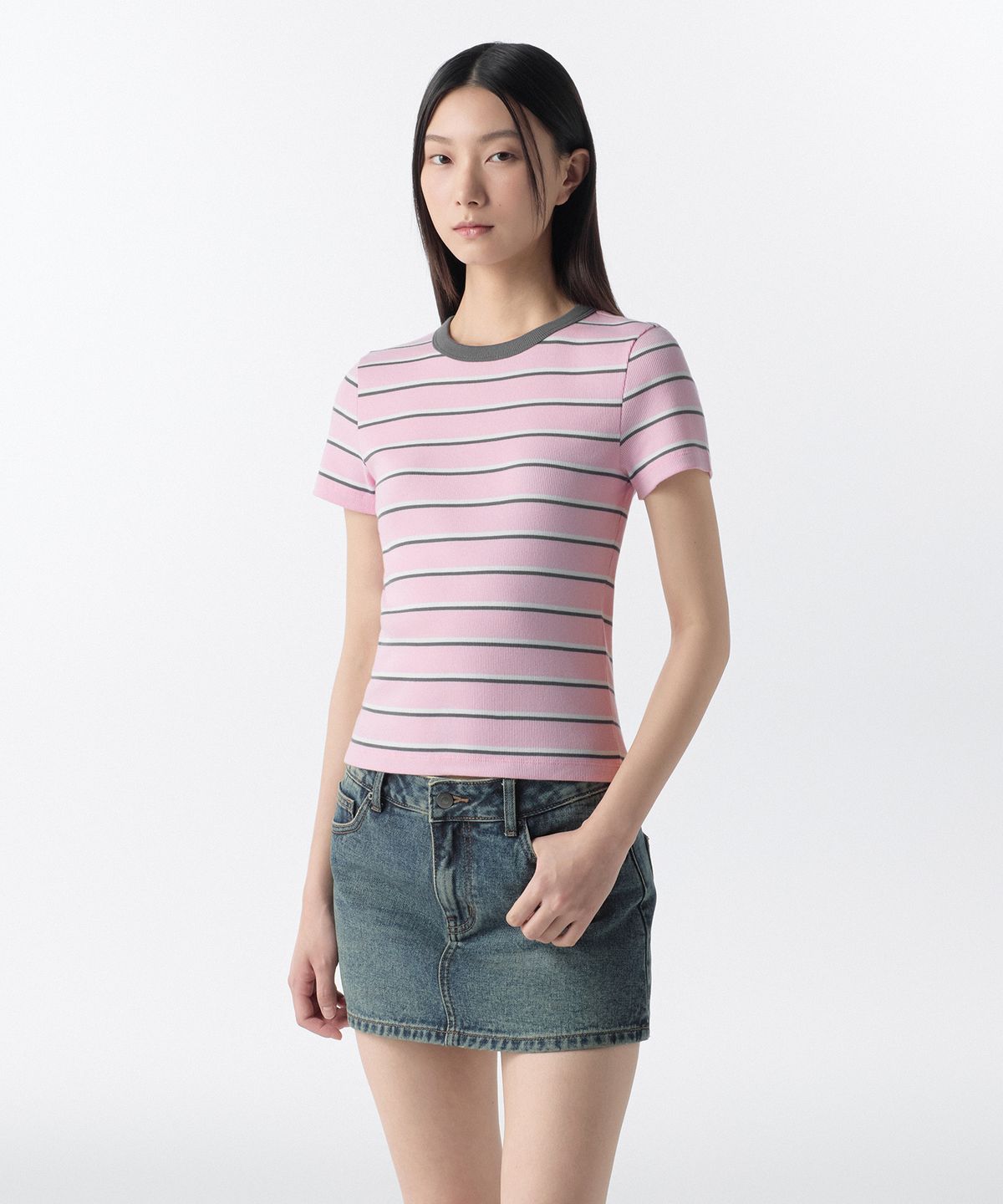 무신사 스탠다드 우먼(MUSINSA STANDARD WOMAN) 우먼즈 리브드 멀티 스트라이프 슬림 티셔츠 [핑크]