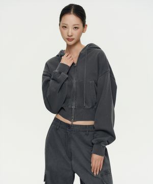 우먼즈 피그먼트 볼륨 크롭 후디드 스웨트 집업 [차콜 그레이]