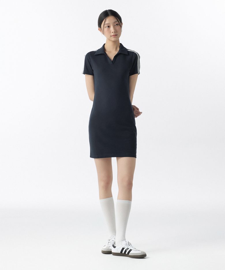 우먼즈 슬릿 넥 레이스 트림 폴로 원피스 [네이비/아이보리]