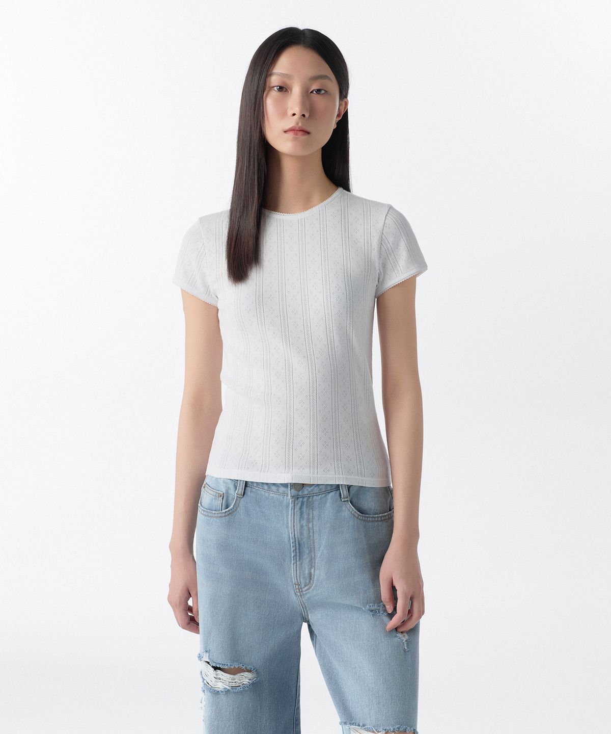 무신사 스탠다드 우먼(MUSINSA STANDARD WOMAN) 우먼즈 포인텔 레이스 크루 넥 티셔츠 [화이트]