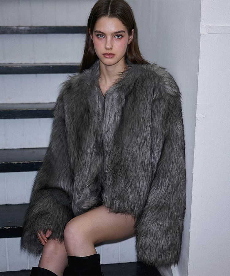 MUSINSA公式 | ROSÉ FRANTZ Overfit Mix Fur Jacket [Gray]