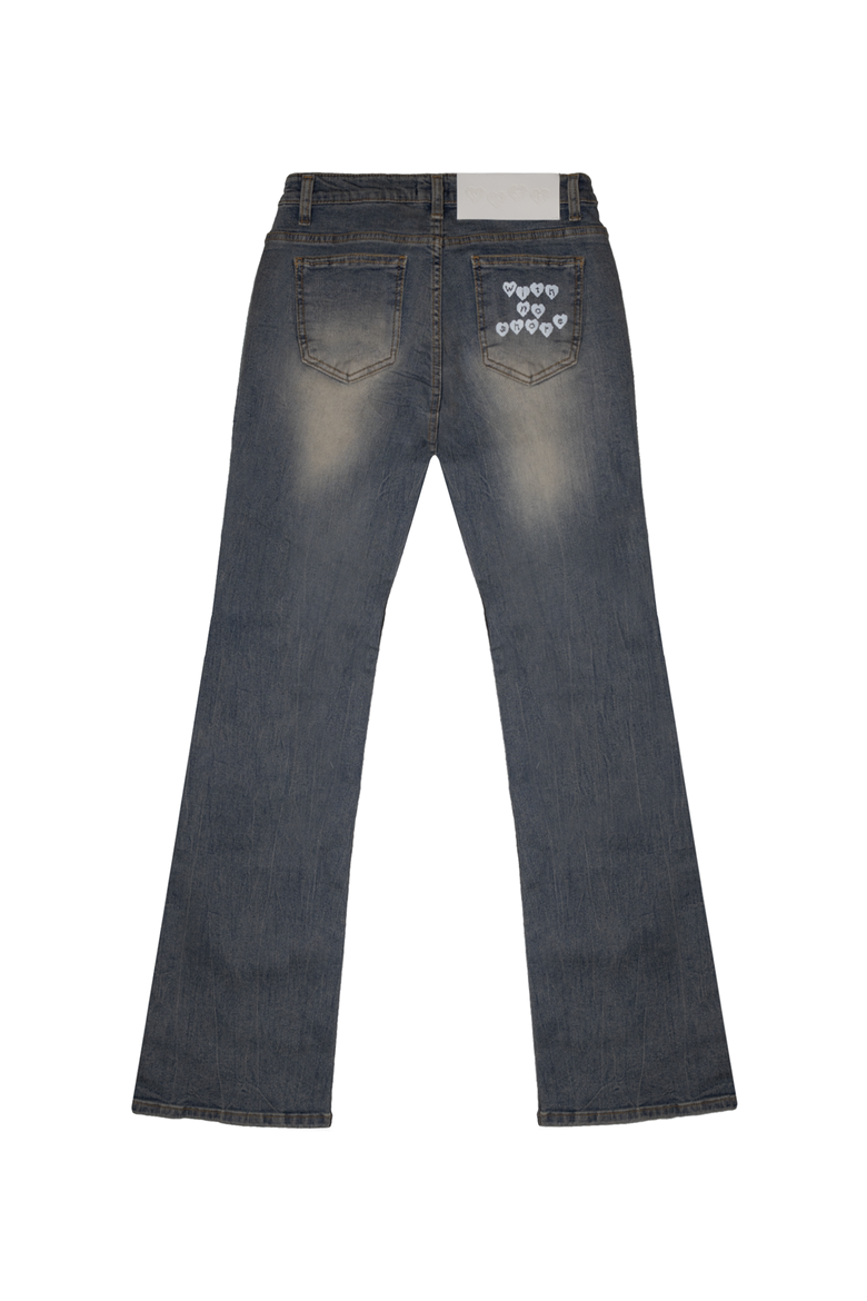 Low Rise Pixel Logo Washed Denim Pants - Blue