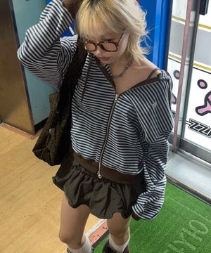 (우먼) 스트라이프 후드 집업_스카이블루