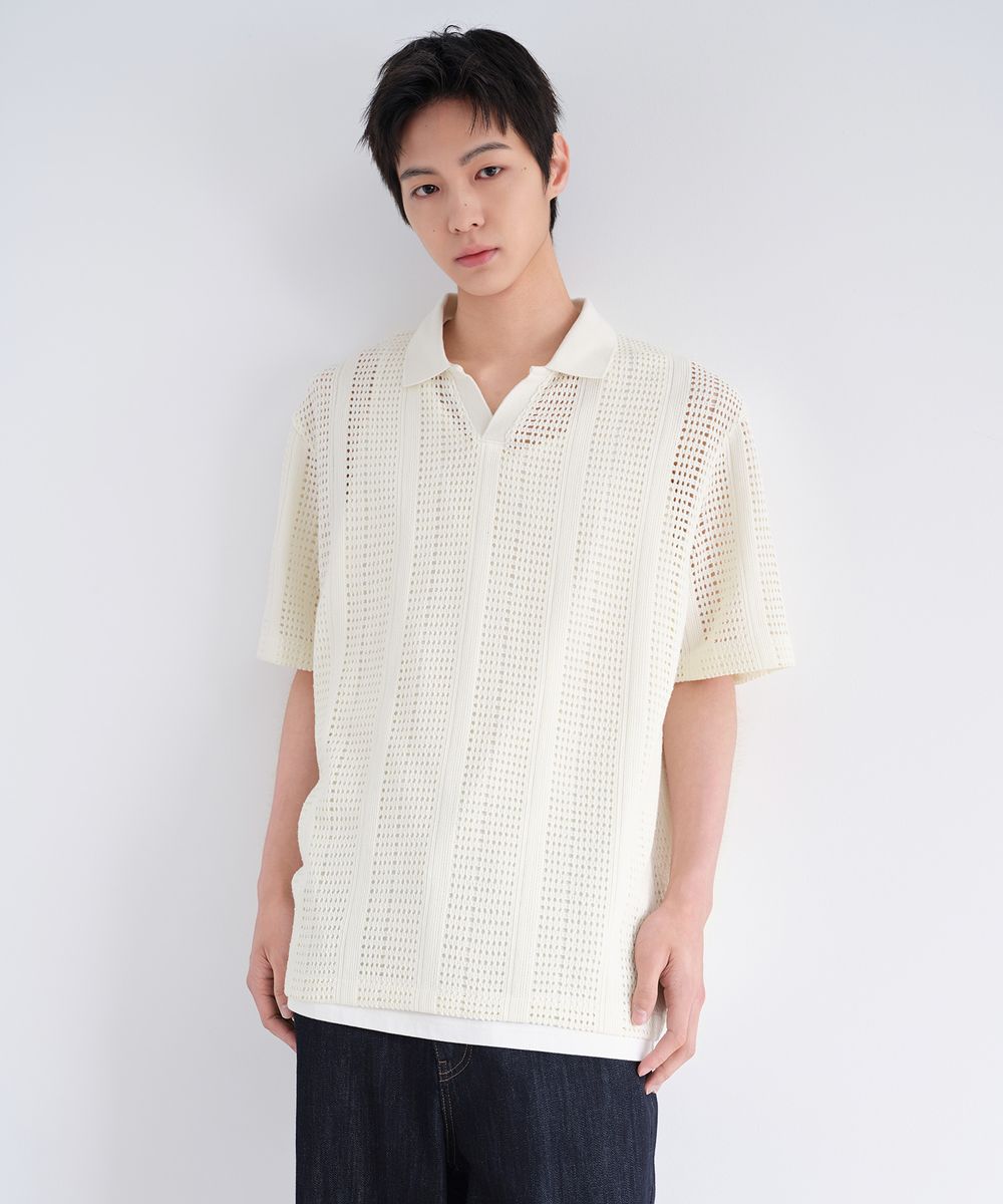 버티컬 크로셰 슬릿 넥 폴로 셔츠 [아이보리]