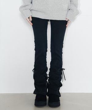 리본 셔링 부츠컷 피치코튼팬츠_블랙