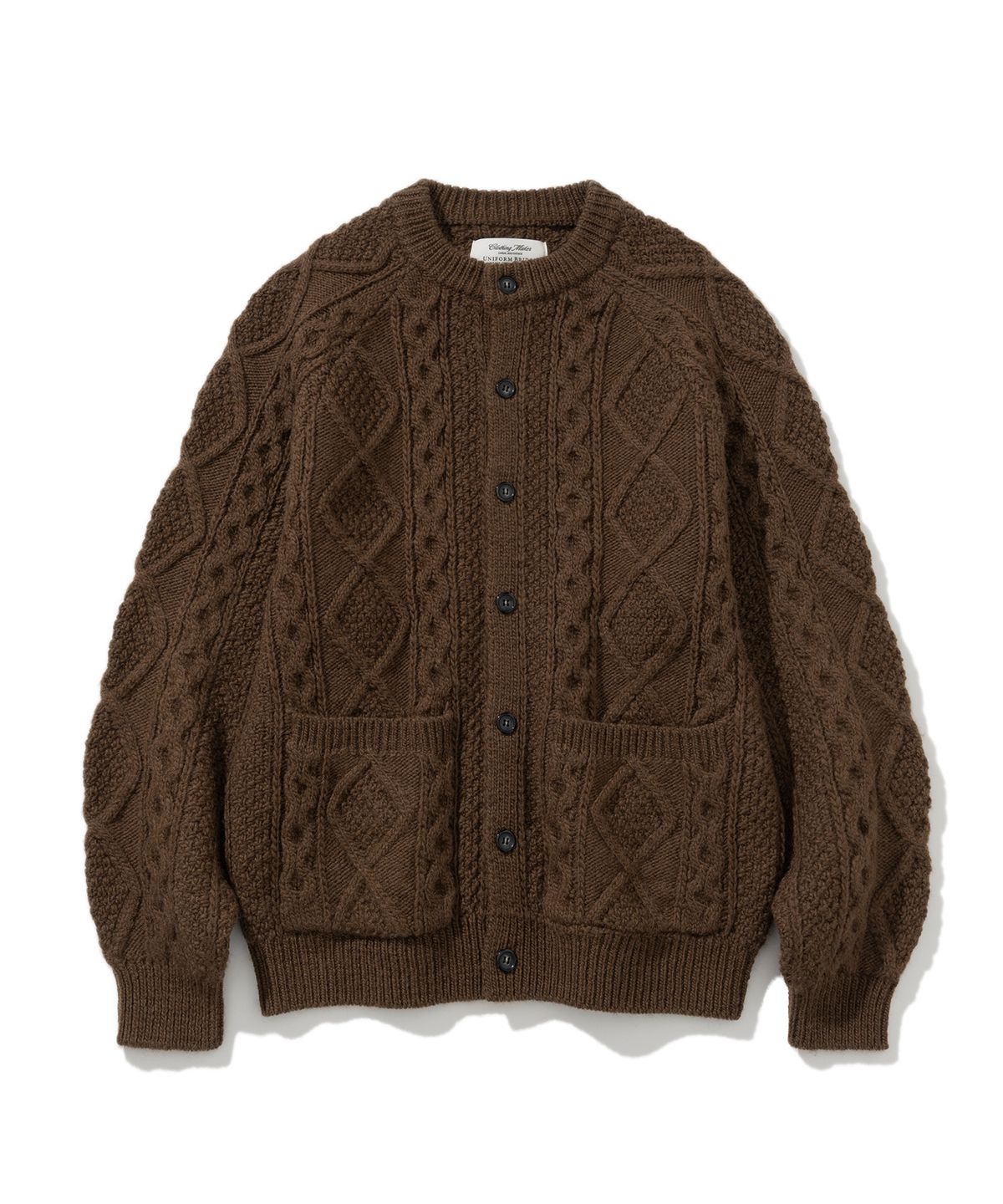 유니폼브릿지(UNIFORM BRIDGE) cable round neck knit cardigan brown
