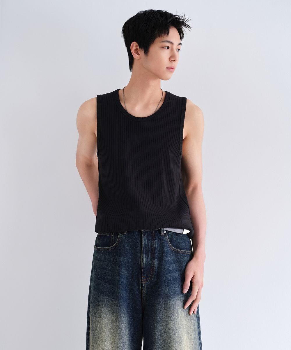 와이드 리브드 탱크 탑 [블랙]